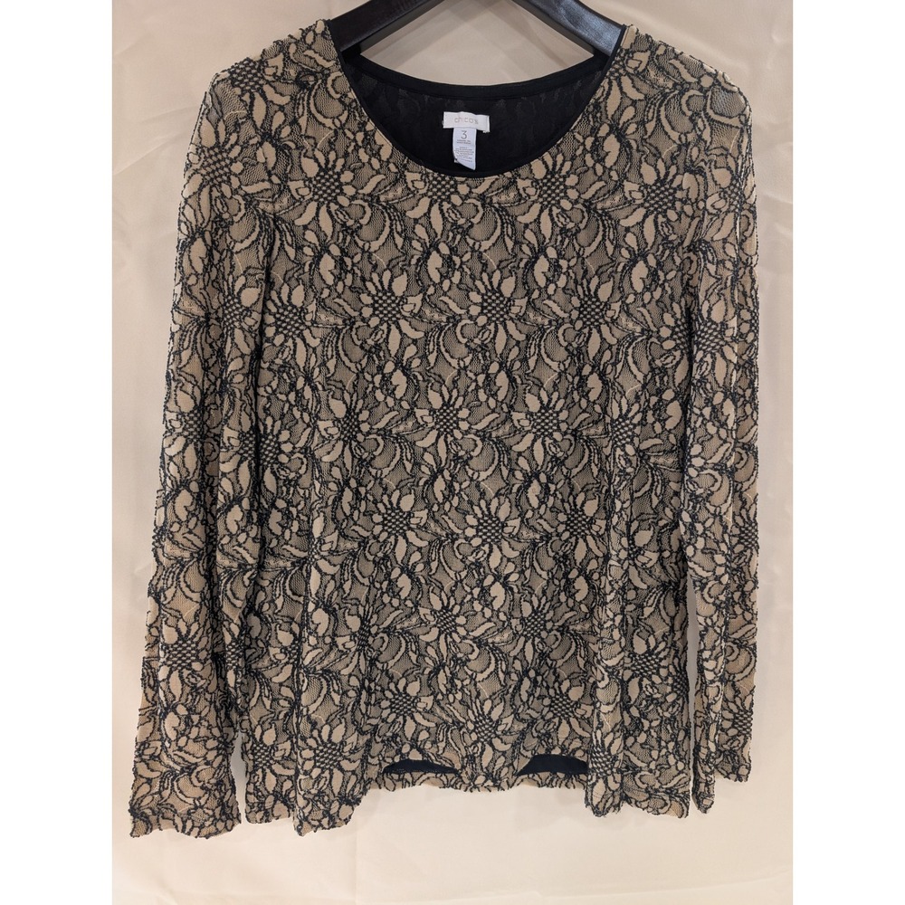 Chicos 3 Black Lace Long Sleeve Lined Top Blouse Elegant Party Evening - Picture 1 of 6